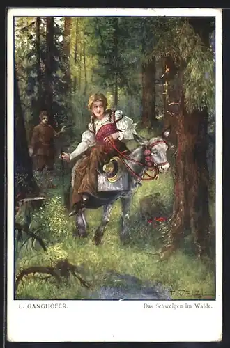 Künstler-AK T. Welzl: Das Schweigen im Walde, Mädchen auf einem Esel