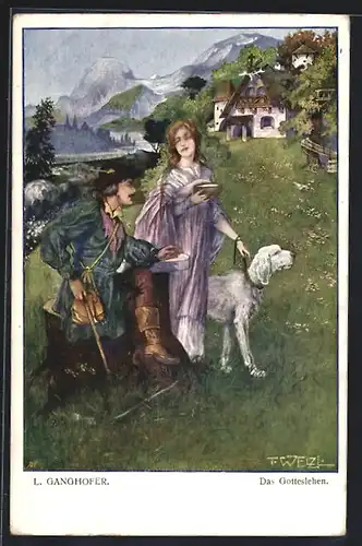 Künstler-AK T. Welzl: junge Frau versorgt einen Wanderer mit Hund