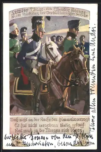 Künstler-AK Karl Alex Wilke: Letzter Trost von Theodor Körner, beim Rückzug der Verbündeten über die Elbe
