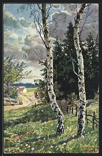 Künstler-AK Richard Wagner: Pfingstgruss, Birken am Wegesrand