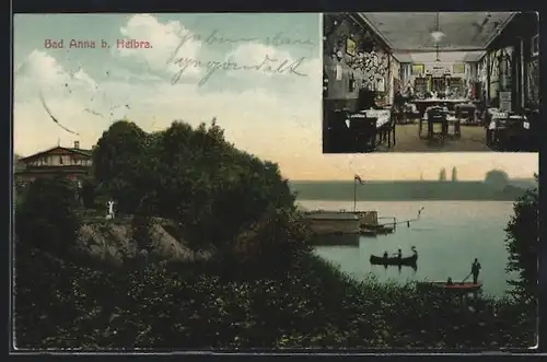 AK Helbra, Blick auf das Gewässer Bad Anna, Innenansicht einer Gastwirtschaft