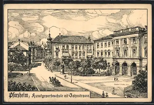 Künstler-AK Eugen Felle: Pforzheim, Kunstgewerbeschule mit Jahnstrasse