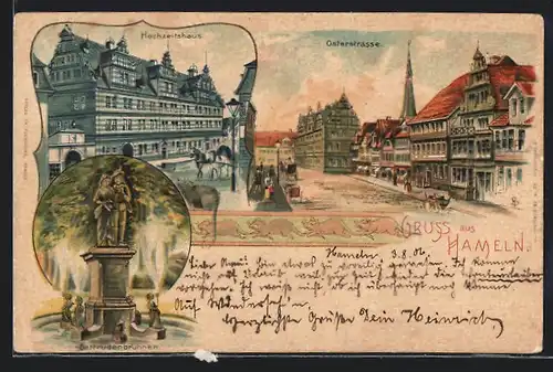 Lithographie Hameln, Hochzeitshaus, Osterstrasse, Gertrudenbrunnen