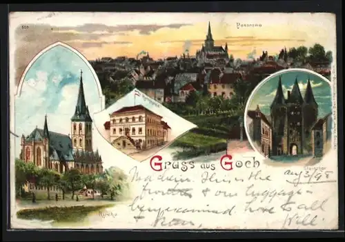 Lithographie Goch, Panorama, Steinthor, Kirche, Rathaus