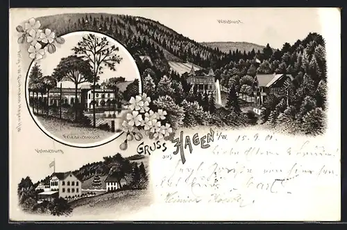 Lithographie Hagen i. W., Waldlust, Friedrichslust, Volmeburg