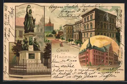 Lithographie Hagen, Gymnasium, Realschule und Krieger-Denkmal