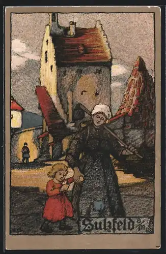 Steindruck-AK Sulzfeld a / M., Ortspartie mit Bauersfrau und Kind
