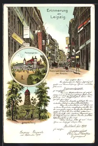 Lithographie Leipzig, Petersstrasse während der Messe, Palmengarten, Schebelberg
