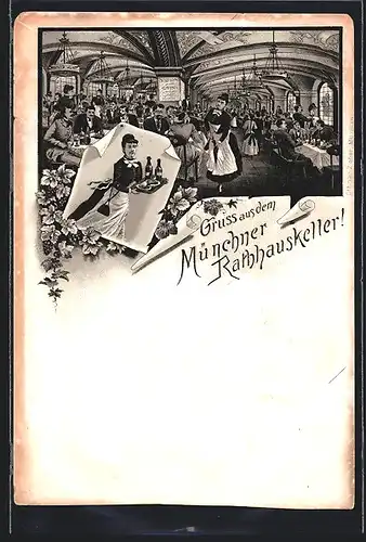 Lithographie München, Rathauskeller mit Kellnerin