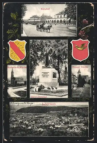 AK Lörrach, Bahnhof, Hebel-Denkmal, Katholische Kirche, Evangl. Kirche