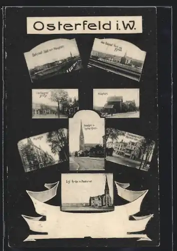 AK Osterfeld i. W., Bahnhof-Süd mit Hauptstrasse, Marktstrasse, Kathol. Kirche