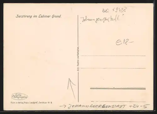 AK Johanngeorgenstadt, Unwetter am 6.7.1931, Zerstörung im Lehmer Grund