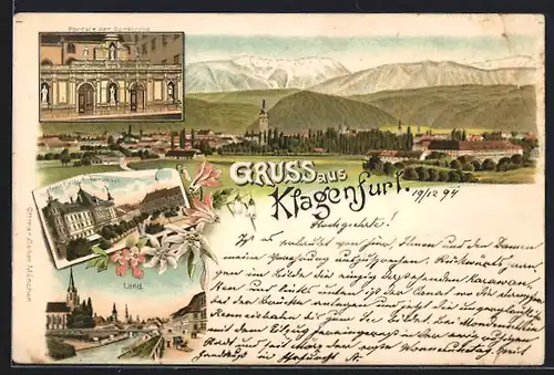 Vorläufer-Lithographie Klagenfurt, 1894, Portale der Domkirche, Gesamtansicht, Lend