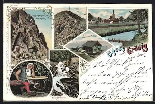 Lithographie Grödig, Teilansicht, Geieck, Dopplersteig auf dem Unterberg, Alter Mann