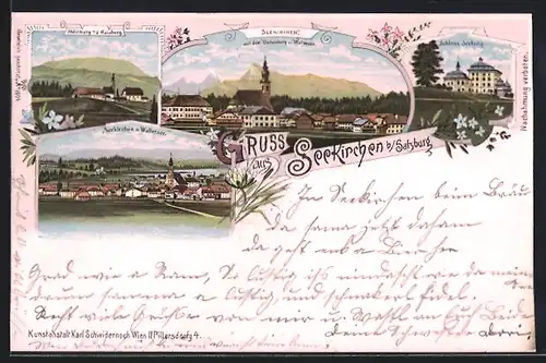 Lithographie Seekirchen bei Salzburg, Mühlberg a.d. Gaisberg, Schloss Seeburg