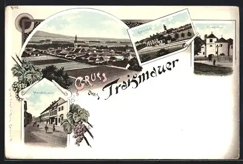 Lithographie Traismauer, Bahnhof, Römerthor, Hauptstrasse, Gesamtansicht