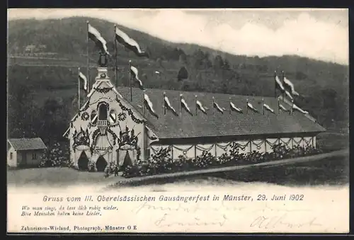 AK Münster, III. Oberelsässisches Gausängerfest 1902, Festhalle im Festschmuck