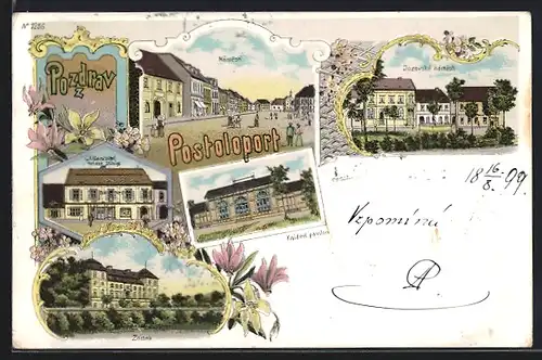 Lithographie Postoloprty, Námesti, G. R. hlavni sklad J. Königa, Zamek