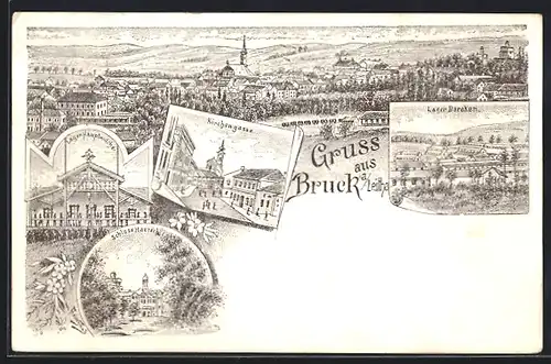 Lithographie Bruck a. Leitha, Kirchengasse, Schloss Harrach, Lager Baraken