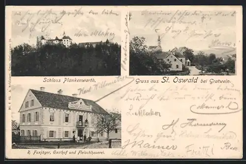 AK St. Oswald bei Gratwein, Schloss Plankenwarth, Gasthof und Fleischhauerei R. Fuxjäger