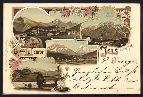 Lithographie Igls b. Innsbruck, Ortsansicht, Vill mit Soolstein, Lanser See