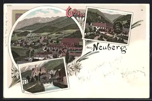 Lithographie Neuberg, Totalansicht aus der Vogelschau