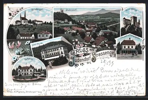 Lithographie Judendorf Strassengel b. Graz, Hotel Syria, Ruine Gösting, Villa Petit mit Verkaufshalle