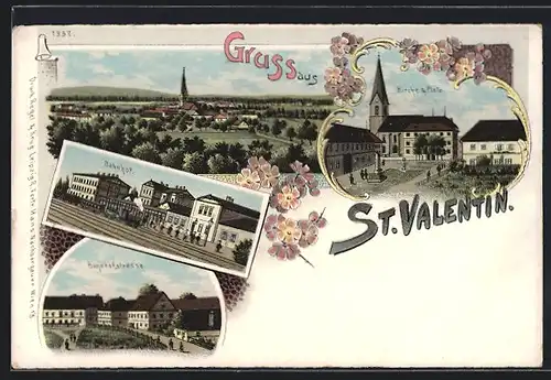 Lithographie St. Valentin, Kirche und Platz, Bahnhof, Bahnhofstrasse