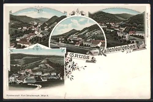 Lithographie Kaltenleutgeben, Panorama, Bahnhof