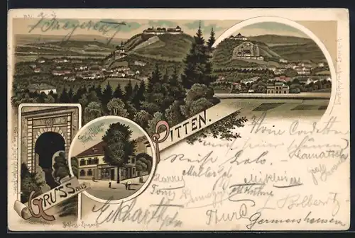 Lithographie Pitten, Schloss-Eingang, Geschäftshaus Josef Glöckler