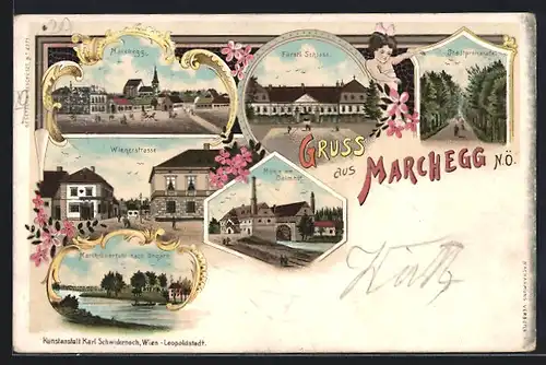 Lithographie Marchegg, Wienerstrasse, Fürstl. Schloss, Mühle am Samhof