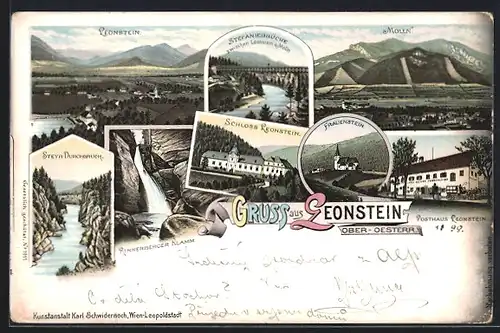 Lithographie Leonstein, Schloss, Stefaniebrücke, Frauenstein, Molln