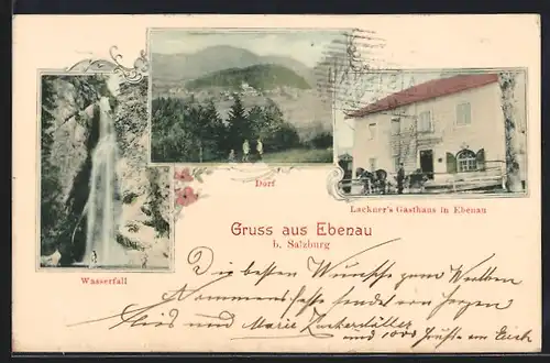 AK Ebenau b. Salzburg, Wasserfall, Dorf, Lackner`s Gasthaus