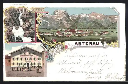 Lithographie Abtenau, Aubach Wasserfall, Gasthof zum rothen Ochsen
