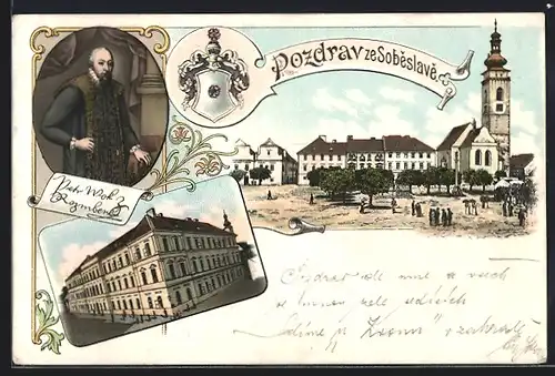 Lithographie Sobeslav, Platz mit Passanten, Amtsgebäude, Wappen