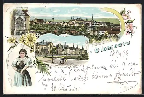 Lithographie Olomouce / Olmütz, Gesamtansicht, Frau in Tracht, Kunstuhr, Neues Villenviertel