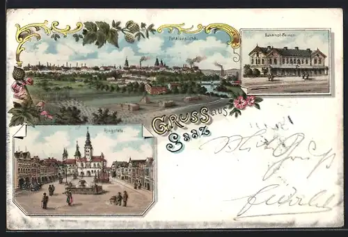 Lithographie Saaz, Gesamtansicht, Bahnhof-Perron, Ringplatz