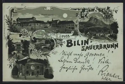 Lithographie Bilin / Bilina, Kurhaus, Marktplatz, Kaiser Franz Josef-Quelle
