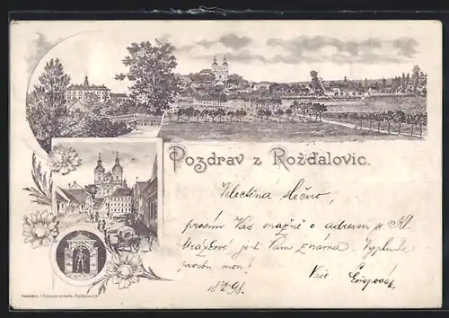 Lithographie Rozdalovice, Panorama, Kirche
