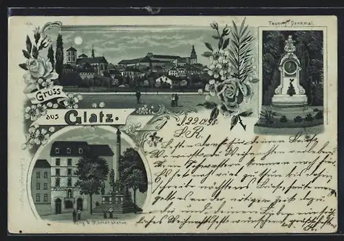 Lithographie Glatz, Taubitz-Denkmal, Ring und Marienstatue