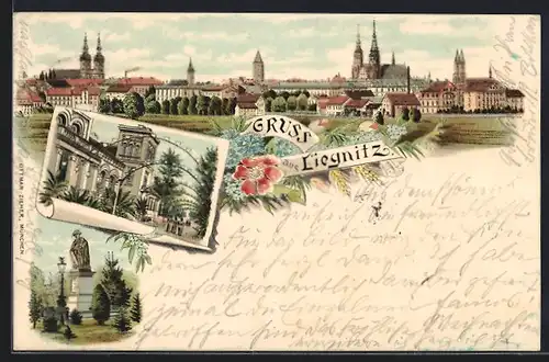 Lithographie Liegnitz, Panorama, Denkmal