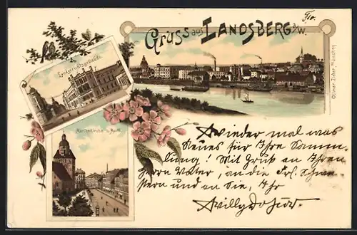 Lithographie Landsberg a. W., Landgerichtsgebäude, Marienkirche