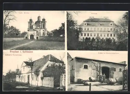 AK Freyhan i. Schlesien, Schloss, Kirche, Kehrer`s Weinstuben
