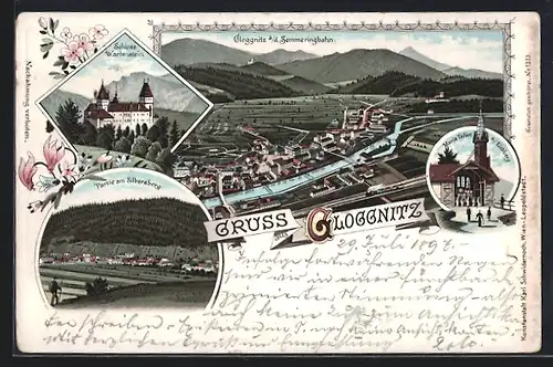 Lithographie Gloggnitz, Totalansicht, Schloss Wartenstein, Kirche Maria Taferl