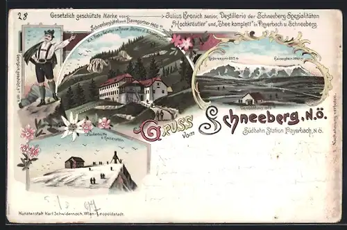 Lithographie Schneeberg, Schneeberghotel, Fischerhütte und Kaiserstein