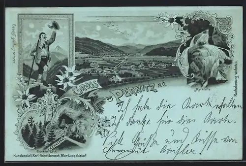 Lithographie Pernitz, Myrafälle, Türken-Loch, Ortsansicht aus der Vogelschau