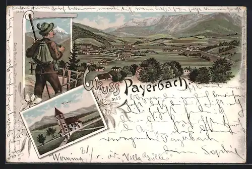 Lithographie Payerbach, Kirche, Ortsansicht aus der Vogelschau