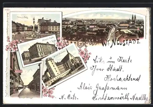 Lithographie Wr.-Neustadt, Realschule, Wiener-Strasse, Militär-Akademie