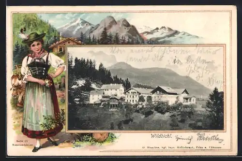 Lithographie Wildbichl, Teilansicht, Tirolerin in Tracht