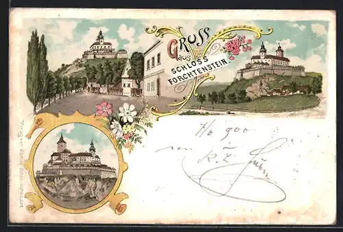 Lithographie Schloss Forchtenstein, Ansichten vom Schloss